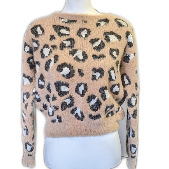 Express animal print cozy eyelash cotton/nylon blend sweater, taupe & black S - Picture 1 of 7